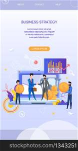 Vertical Flat Banner Business Strategy. Vector Illustration on White Background. Business Men in Suits agree on Long Term Profitable Cooperation. Men Bring Coins. International Currency Earnings