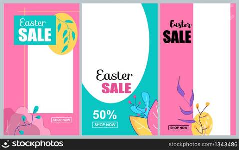 Vertical Flat Banner Set Easter Sale 50 Percent. Vector Illustration on Color Background. Pink Blue and Yellow Ornament Leaves Graphic Figures On Discount Coupons And Promotional Flyers.