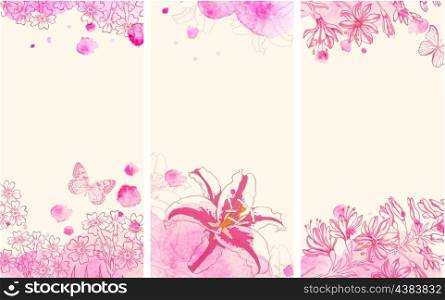 Vertical floral banners with hand drawn flowers and pink watercolor blots. Vector illustration.