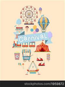 Vertical flyer template for carnival or festival with ferris wheel, piret ship, amusement train ride, circus tent, air balloon and more. Vector illustration in flat style.. Vertical flyer template for carnival or festival with ferris wheel, piret ship, amusement train ride, circus tent, air balloon and more.