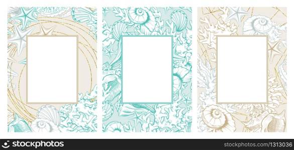 Vertical Frames Set with Gold and Turquoise Seashells. Isolated vector posters with contour drawing sea shells for wedding design, stories templates and gift cards, cosmetic packaging badges.. Vertical Frames Set with Gold and Turquoise Seashells. Isolated vector posters with contour drawing sea shells