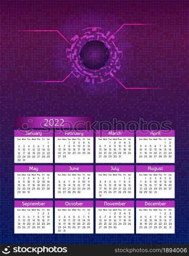 Vertical futuristic yearly calendar 2022 digital technology theme, week starts on Sunday. Annual big wall calendar colorful modern illustration in purple. A4 Us letter paper size.