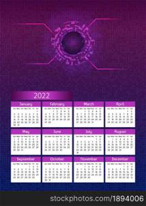 Vertical futuristic yearly calendar 2022 digital technology theme, week starts on Sunday. Annual big wall calendar colorful modern illustration in purple. A4 Us letter paper size.