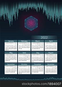 Vertical futuristic yearly calendar 2022 digital theme with hexagon, week starts on Sunday. Annual big wall calendar colorful modern illustration. A4 Us letter paper size.