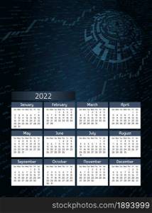 Vertical futuristic yearly calendar 2022, week starts on Sunday. Annual big wall calendar colorful digital modern illustration in blue. A4 Us letter paper size.