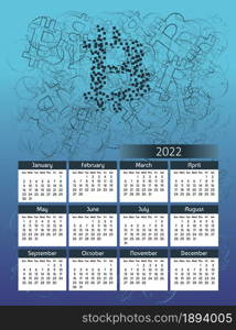 Vertical futuristic yearly calendar 2022 with Bitcoin cryptocurrency theme, week starts on Sunday. Annual big wall calendar colorful modern illustration in blue. A4 Us letter paper size.