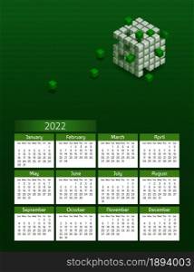 Vertical futuristic yearly calendar 2022 with blockchain cubes, week starts on Sunday. Annual big wall calendar colorful modern illustration in green. A4 Us letter paper size.