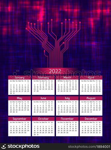 Vertical futuristic yearly calendar 2022 with pcb tracks, week starts on Sunday. Annual big wall calendar colorful modern digital illustration in red and blue. A4 Us letter paper size.