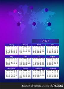 Vertical futuristic yearly calendar 2022 with world map and cubes, week starts on Sunday. Annual big wall calendar colorful modern illustration in blue. A4 Us letter paper size.