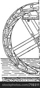 Vertical half-section of a fixed wheel-lifting buckets, vintage engraved illustration. Industrial encyclopedia E.-O. Lami - 1875.