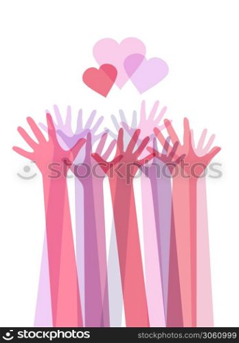 Vertical illustration of color transparent human hands with hearts. International day of friendship and kindness. The unity of people. Vector element for card, invitation, template and your creativity. Vertical illustration of color transparent human hands with hearts. International day of friendship and kindness. The unity of people. Vector element