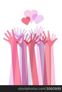Vertical illustration of color transparent human hands with hearts. International day of friendship and kindness. The unity of people. Vector element for card, invitation, template and your creativity. Vertical illustration of color transparent human hands with hearts. International day of friendship and kindness. The unity of people. Vector element