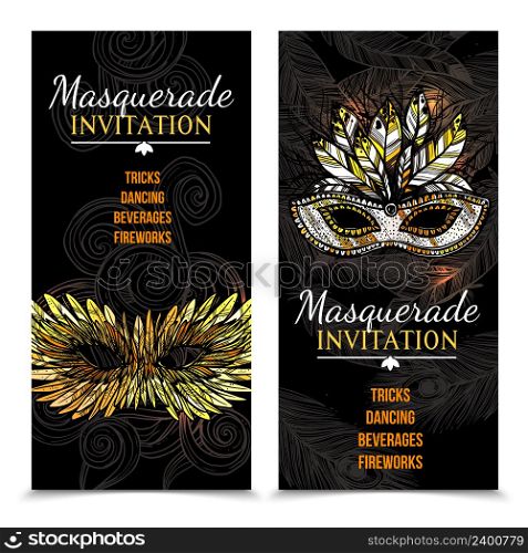 Vertical masquerade carnival invitation banners with colorful feather mask on dark backgrounds with feathers and patterns hand drawn isolated vector illustration. Masquerade Carnival Banners