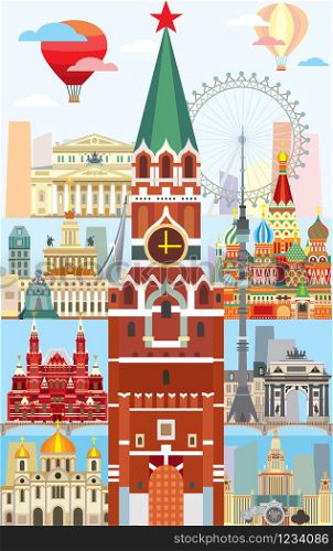 Vertical Moscow skyline travel illustration with main architectural landmarks in flat style. Moscow city landmarks, colorful russian tourism and journey vector background.