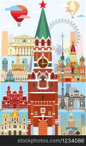 Vertical Moscow skyline travel illustration with main architectural landmarks in flat style. Moscow city landmarks, colorful russian tourism and journey vector background.