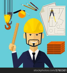 Vertical portrait of a happy architect constructor worker at his work place with tools for drawing