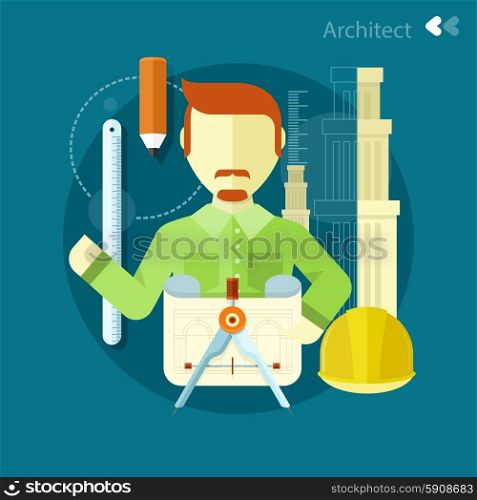 Vertical portrait of a happy architect constructor worker at his work place with tools for drawing. Concept in flat design. Architect constructor worker at his work place