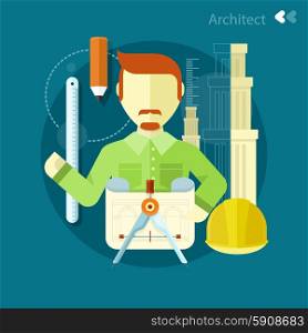 Vertical portrait of a happy architect constructor worker at his work place with tools for drawing. Concept in flat design. Architect constructor worker at his work place