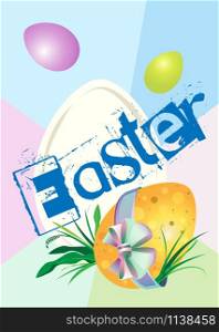 Vertical poster for the holiday of Easter. Spotted egg with a bow in the grass. Flying eggs in the top. Large inscription. Background with large rays of pastel color.