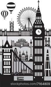 Vertical poster of main landmarks of London. City Skyline vector illustration in black color isolated on white background. Monochrome silhouette illustration of landmarks of London, England.