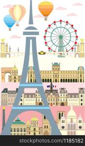 Vertical poster with Paris City Skyline. Colorful isolated vector illustration on pink background. Vector illustration of main landmarks of Paris, France. Paris vector icon. Paris building outline.