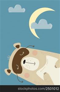 Vertical poster with sleeping cute teddy bear with pillow and sleep mask on blue background with moon and clouds. Vector illustration. For design, print, room decor, postcards, kids collection