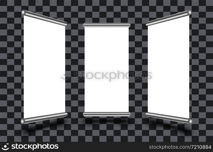 Vertical roll up board template. Set of blank roll-up banner display isolated on transparent background. Vector illustration.. Vertical roll up board template. Set of blank roll-up banner display isolated on transparent background. Vector illustration