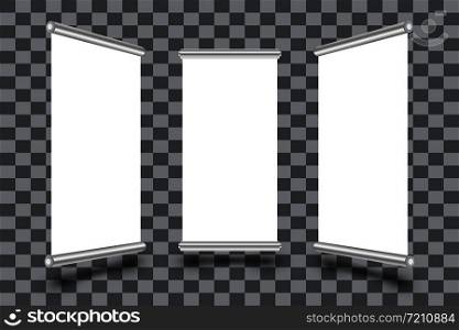 Vertical roll up board template. Set of blank roll-up banner display isolated on transparent background. Vector illustration.. Vertical roll up board template. Set of blank roll-up banner display isolated on transparent background. Vector illustration