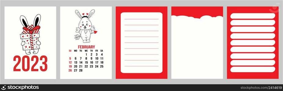 Vertical set calendar template for february 2023 with cute cupid rabbit and planner pages, notes, to do list. Vector illustration. Week from Sunday. in english. 2023 year of rabbit to Chinese calendar