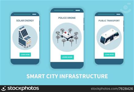 Vertical smart city technology isometric banner set with solar energy police drone and public transport descriptions vector illustration