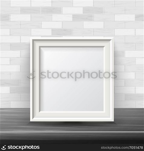 Vertical Square Frame Mock Up Vector. Good For Your Exhibition Design. Realistic Shadows. White Brick Wall Background. Front View Illustration.. Vertical Square Frame Mock Up Vector. Good For Your Exhibition Design. Realistic Shadows. White Brick Wall Background. Front View