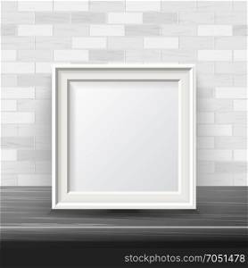 Vertical Square Frame Mock Up Vector. Good For Your Exhibition Design. Realistic Shadows. White Brick Wall Background. Front View Illustration.. Vertical Square Frame Mock Up Vector. Good For Your Exhibition Design. Realistic Shadows. White Brick Wall Background. Front View