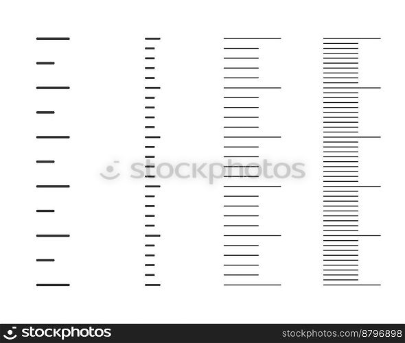 Vertical stadiometer, height chart or meteorological thermometer scales set. Different templates for measuring tools isolated on white background. Vector graphic illustration. Vertical stadiometer, height chart or meteorological thermometer scales set. Different templates for measuring tools