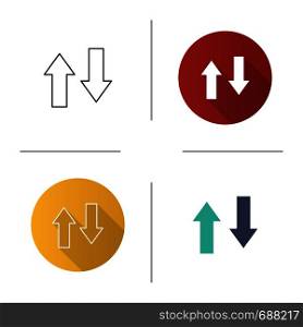 Vertical swap icon. Exchange arrows. Vertical flip. Import and export. Flat design, linear and color styles. Isolated vector illustrations. Vertical swap icon