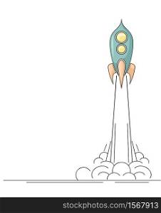 Vertical template with contour illustration of a retro space rocket taking off with smoke. Start up project with a starship. Linear drawing on a white background. Success in the project. Banner, slide. Vertical template with contour illustration of a retro space rocket taking off with smoke. Start up project with a starship. Linear drawing on a white background. Success in the project.