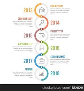 Vertical timeline infographics template with colorful circles, workflow or process diagram, vector eps10 illustration. Timeline Infographics
