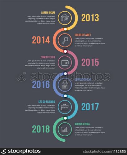 Vertical timeline infographics template with colorful circles, workflow or process diagram, vector eps10 illustration. Timeline Infographics