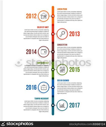 Vertical timeline infographics template with colorful circles, workflow or process diagram, vector eps10 illustration. Vertical Timeline