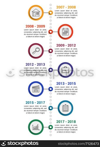 Vertical timeline infographics template with line icons, workflow or process diagram, vector eps10 illustration. Timeline Infographics