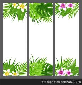 Vertical tropical banners with flowers and leaves. Summer floral vector nature backgrounds.