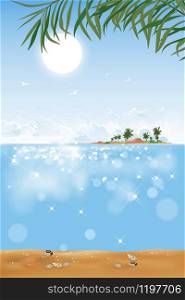 Vertical Tropical seascape of blue ocean and coconut palm tree on island, Sea beach and sand with blue sky, Vector illustration flat style nature of landscape seaside for Summer holiday