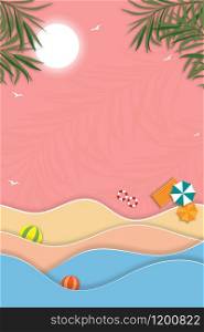 Vertical Tropical seascape of ocean beach, coconut palm tree and sun, Summer sale banner design with paper cut tropical beach on pink background. Vector illustration
