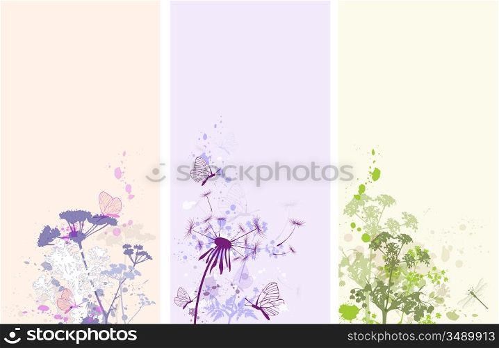 Vertical vector floral banners with butterflies and flowers