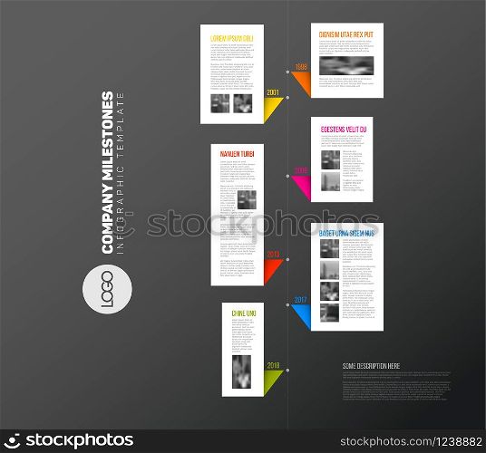 Vertical vector Infographic timeline report template with paper bubbles, photos and fresh colors - dark version. Vector vertical infographic timeline report template