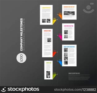 Vertical vector Infographic timeline report template with paper bubbles, photos and fresh colors - dark version. Vector vertical infographic timeline report template