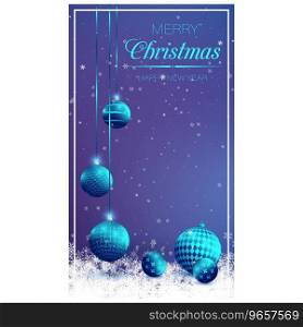 Vertical winter night blue flyer with snow and glass balls. New Year greeting card design, holiday invitation. Decorations, shiny glass balls on blue background. Realistic vector
