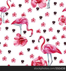 Very beautiful vector tropical bird pink flamingo and rose roses seamless white background. Flat style wallpaper