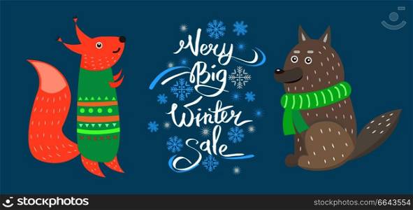 Very big winter sale vector illustration with squirrel and gray wolf with cute forest animals isolated on blue background, season discounts concept. Very Big Winter Sale Vector Icons Squirrel Wolf