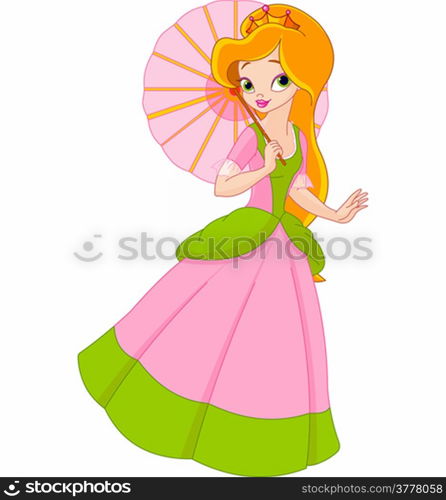 Very cute and beautiful princess at summer day under umbrella