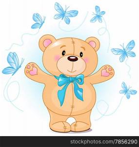 Very cute Teddy Bear waving hello on butterfly background